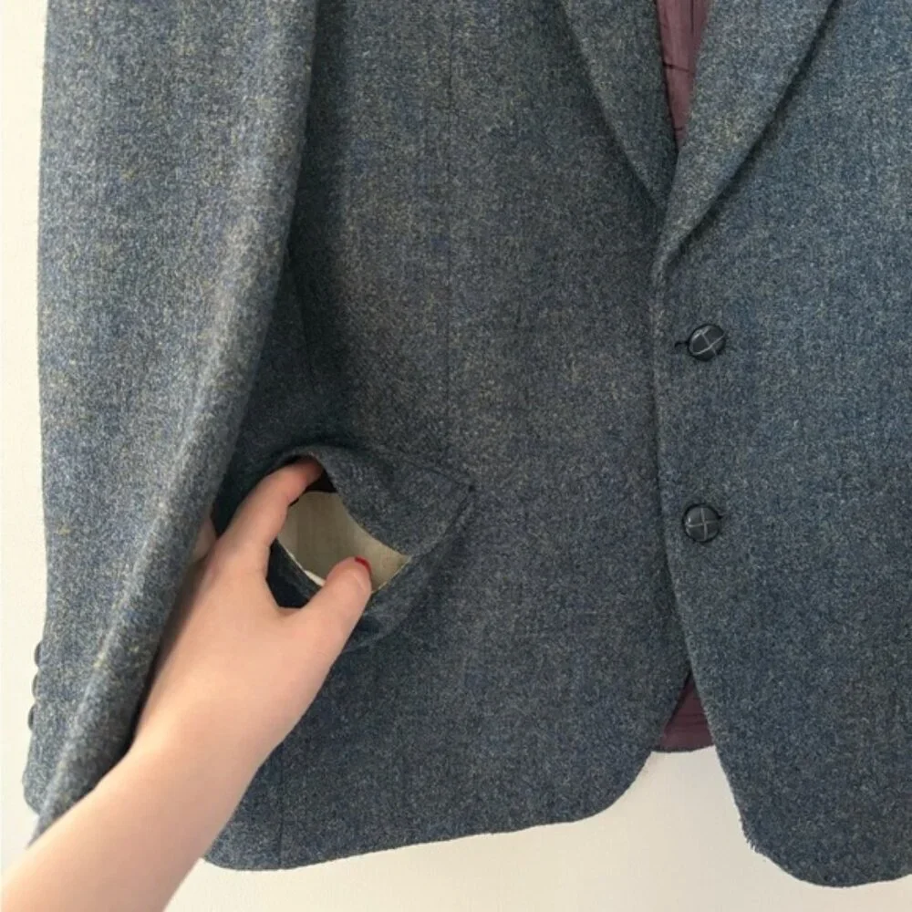 Vtg Harris Tweed Sport Coat Blazer Jacket Wool Men's 42 R Blue Flecked 70s 80s